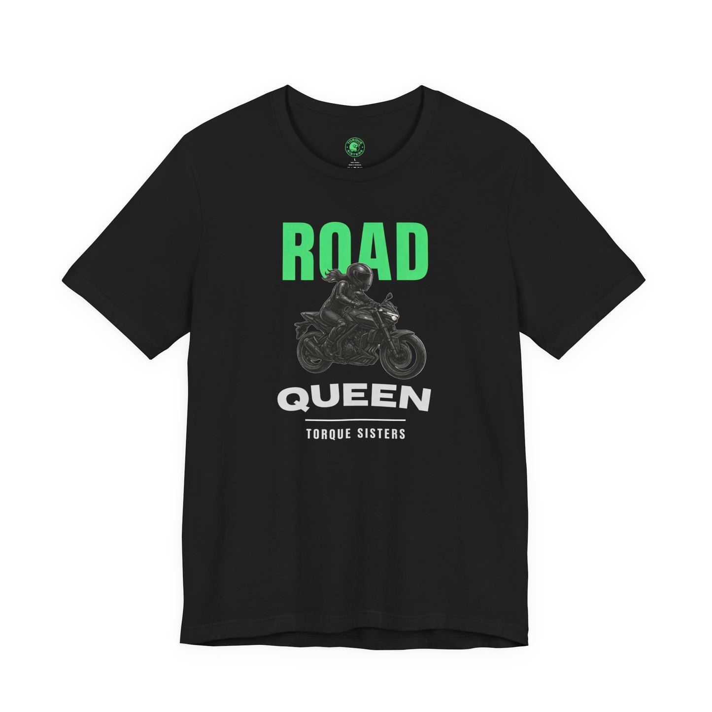 Black t-shirt with 'Road Queen' graphic design on a white background