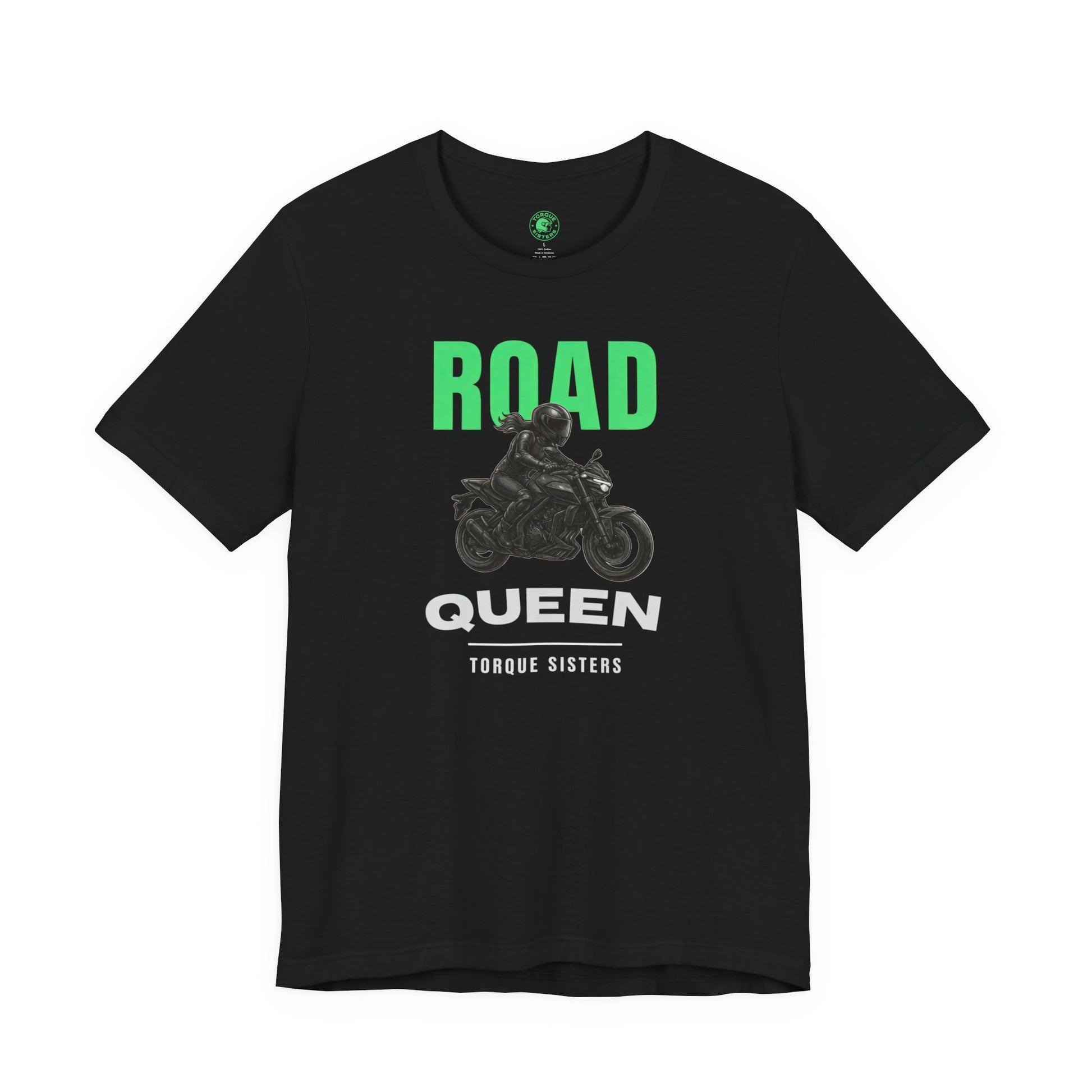 Black t-shirt with 'Road Queen' graphic design on a white background