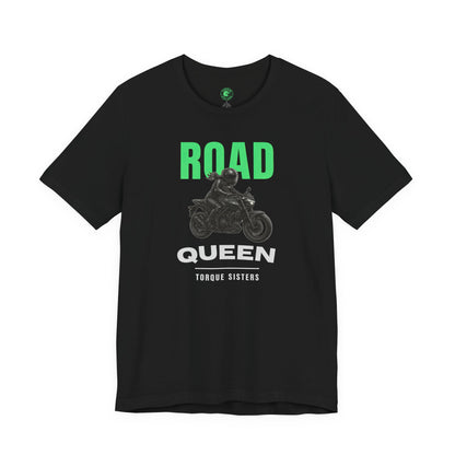 Black t-shirt with 'Road Queen' graphic design on a white background
