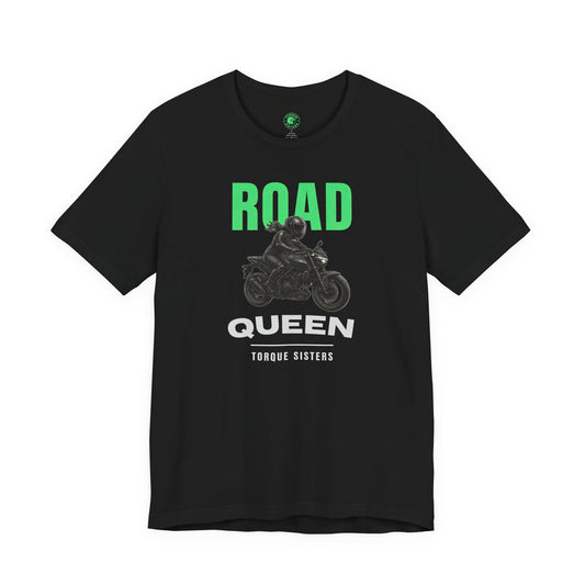 Black t-shirt with 'Road Queen' graphic design on a white background