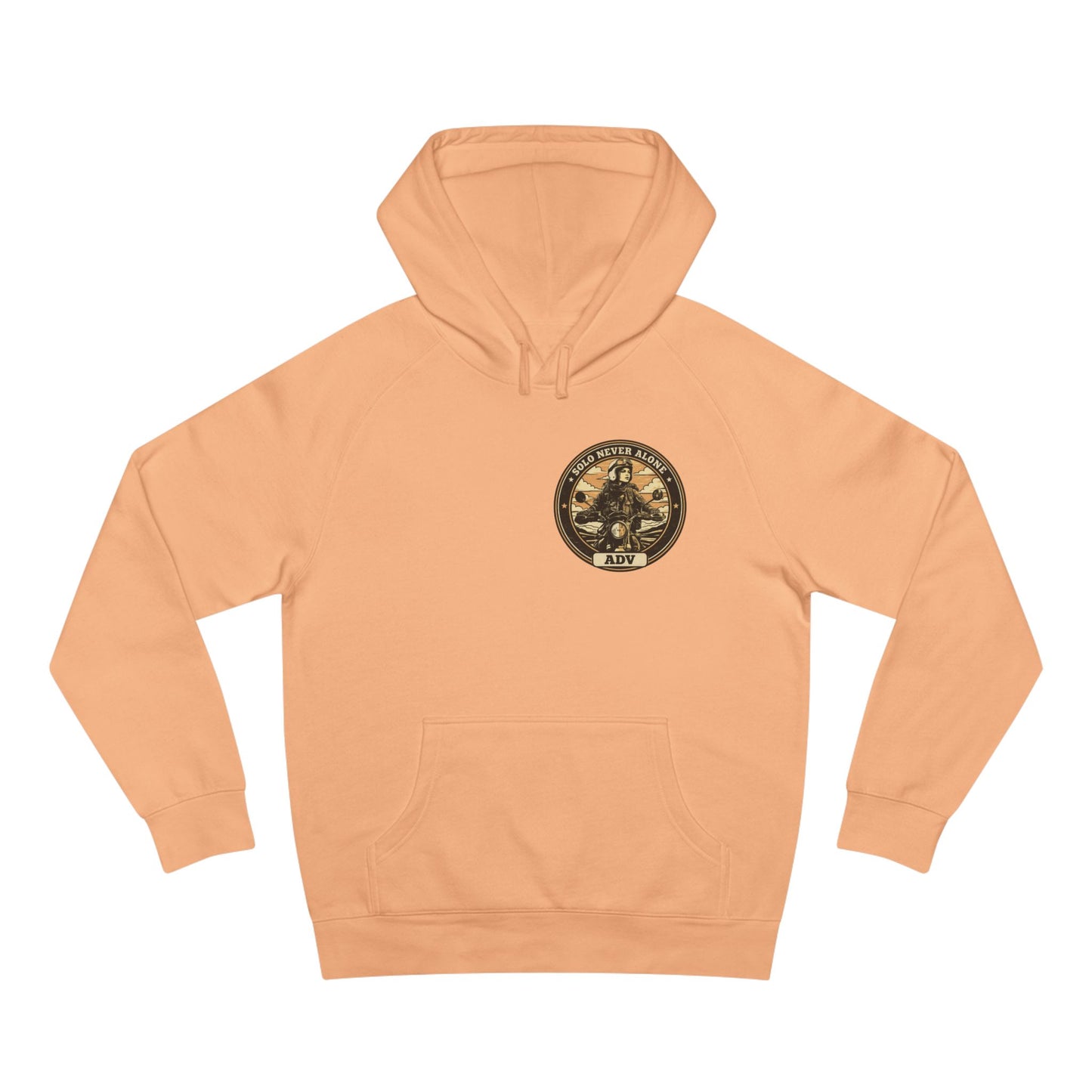Peach hoodie with a logo on the chest against a white background