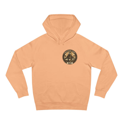 Peach hoodie with a logo on the chest against a white background