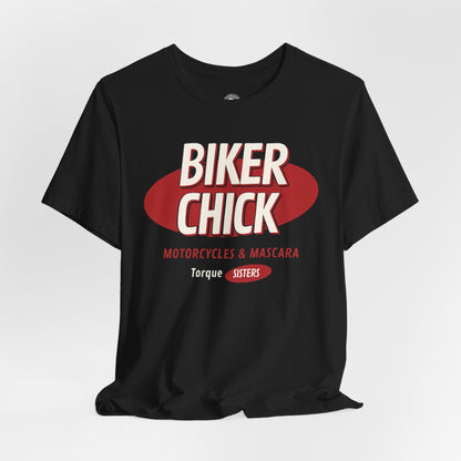 BIKER CHICK Motorcycles & Mascara Women’s Motorcycle T-Shirt | Black