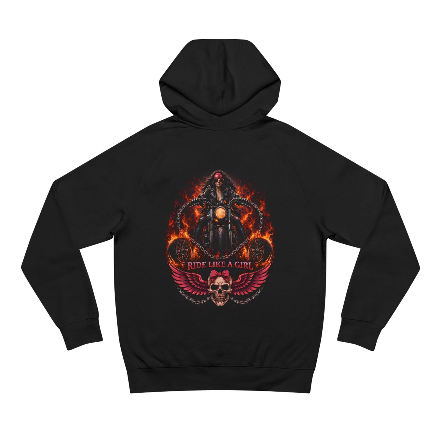 Black hoodie with a graphic design on the back featuring a woman on a motorcycle and flames.