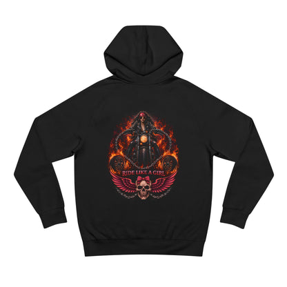 Black hoodie with a graphic design on the back featuring a woman on a motorcycle and flames.