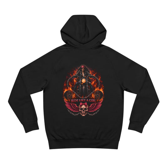 Black hoodie with a graphic design on the back featuring a woman on a motorcycle and flames.