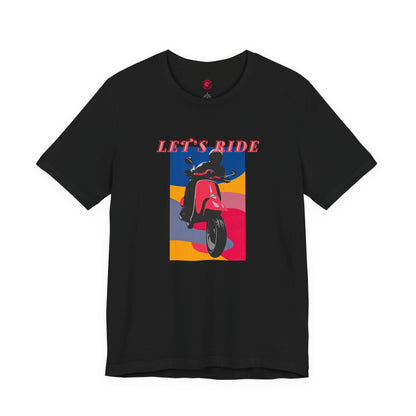 Black t-shirt with a colorful graphic of a person on a scooter and 'LET'S RIDE' text.