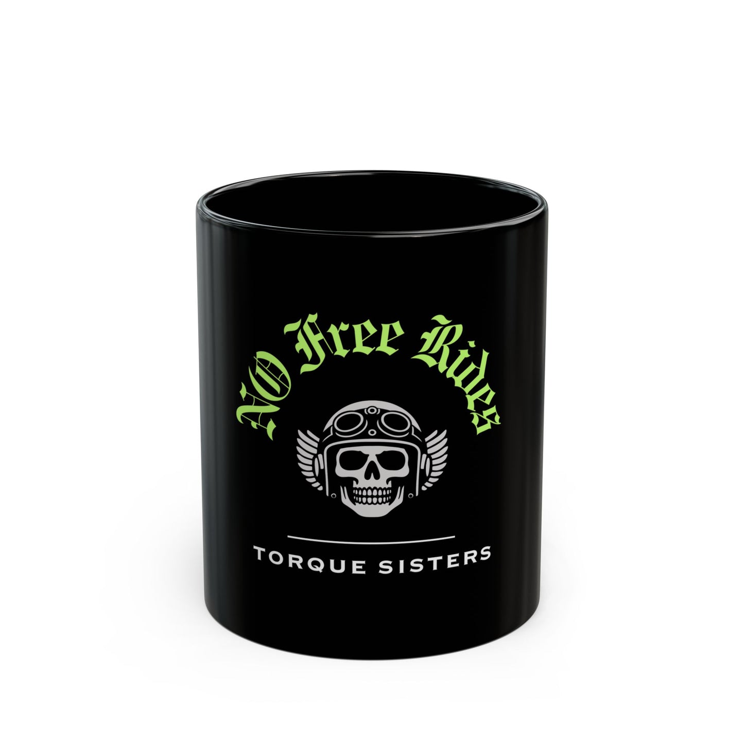 NO FREE RIDES Biker Skull Coffee Mug | Black & Neon Green