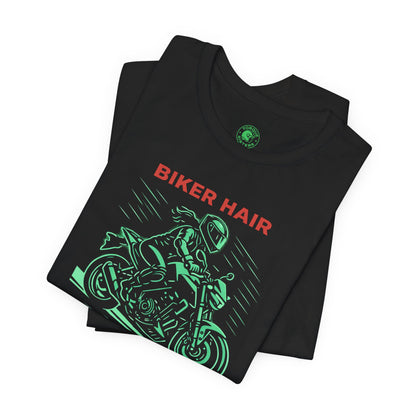 BIKER HAIR DON’T CARE Graphic Women’s Motorcycle T-Shirt | Black & Mint