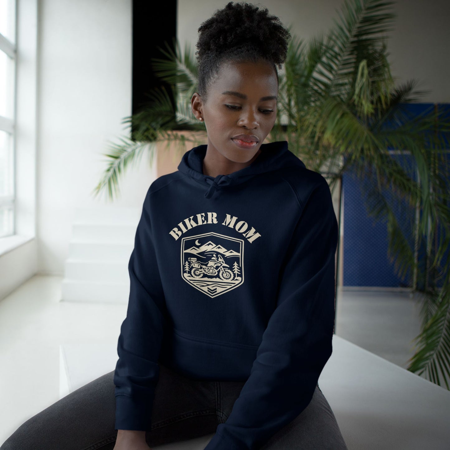 BIKER MOM Badge Graphic Women’s Motorcycle Hoodie | Navy & Cream