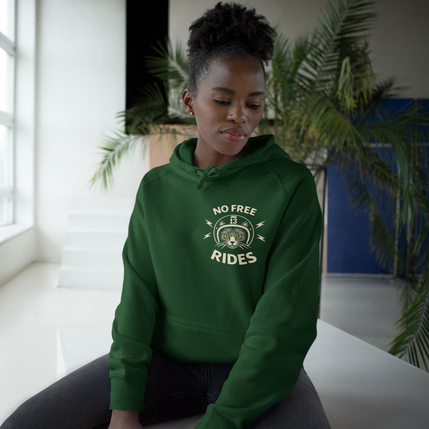 NO FREE RIDES Cat Helmet Graphic Women’s Motorcycle Hoodie | Forest Green