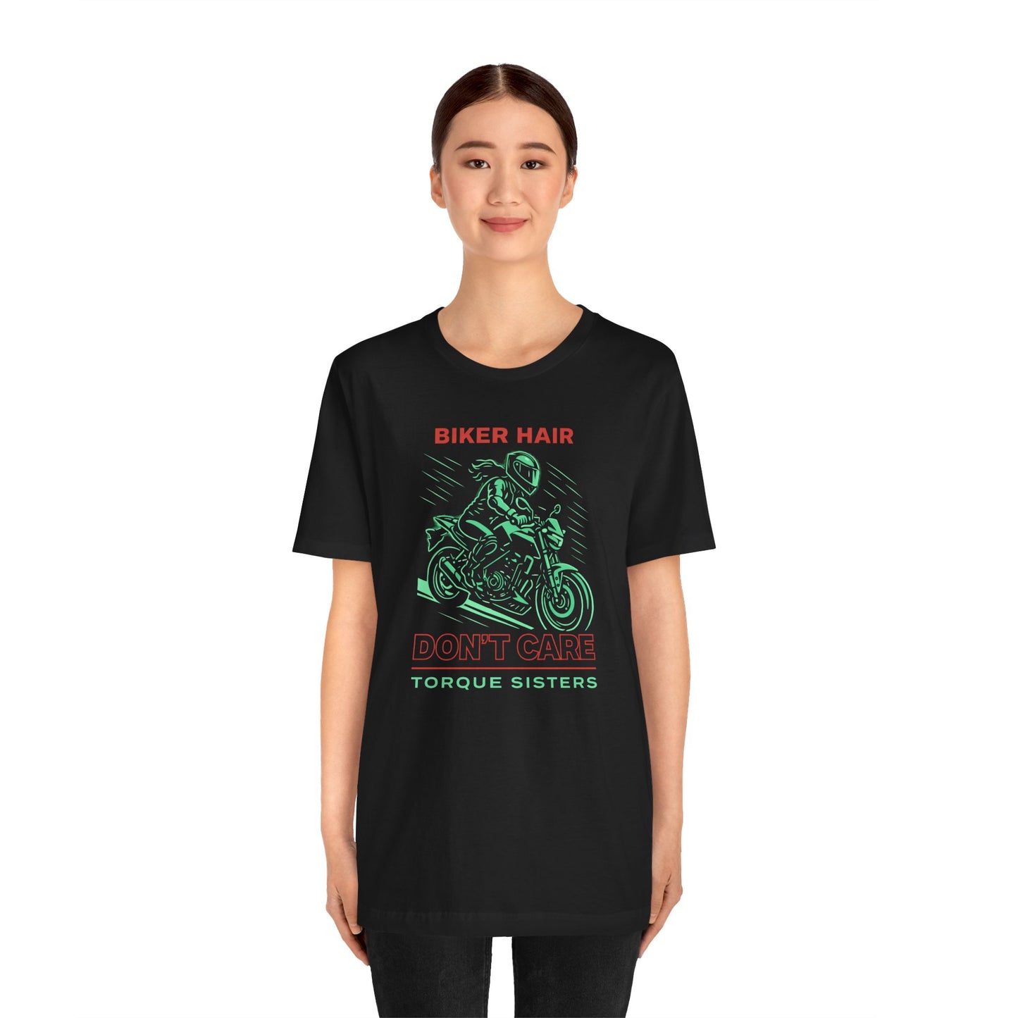 BIKER HAIR DON’T CARE Graphic Women’s Motorcycle T-Shirt | Black & Mint
