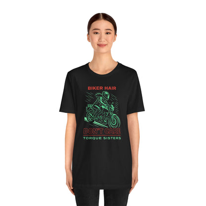BIKER HAIR DON’T CARE Graphic Women’s Motorcycle T-Shirt | Black & Mint