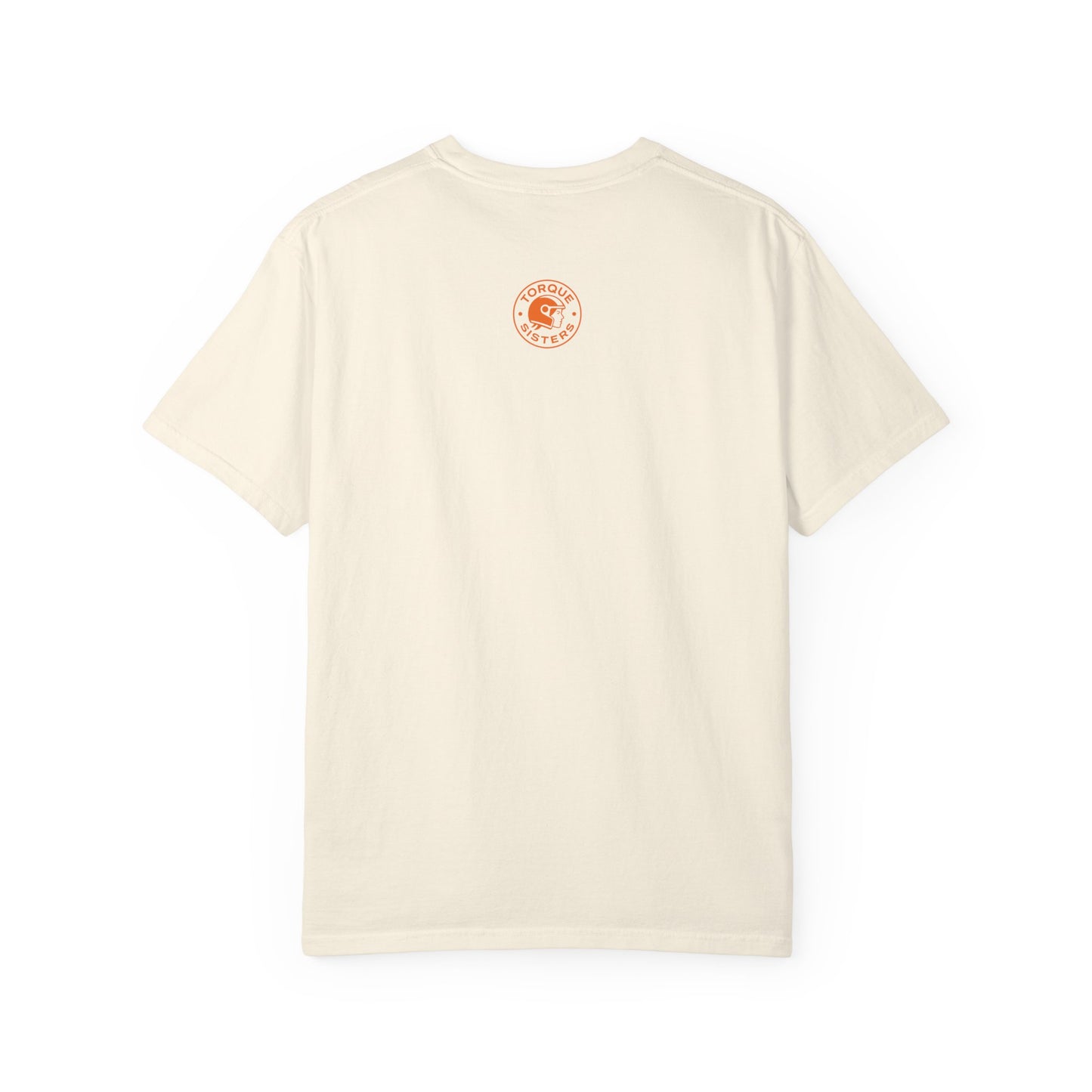 BIKER MOM Chest Badge Women’s Motorcycle T-Shirt | Natural & Orange