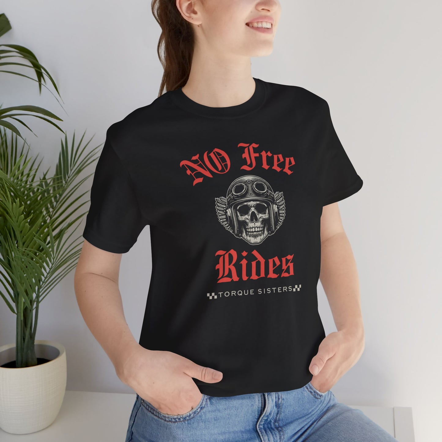 NO FREE RIDES Biker Skull Women’s Motorcycle T-Shirt | Black & Red