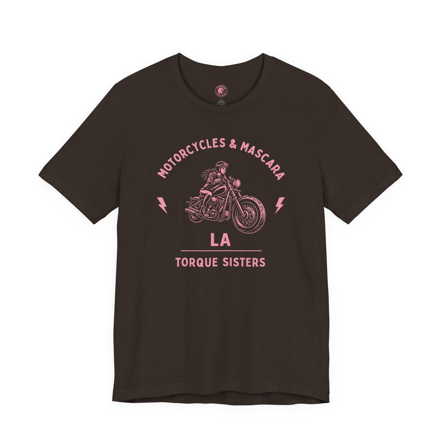 MOTORCYCLES & MASCARA LA Women’s Motorcycle T-Shirt | Dark Brown & Pink