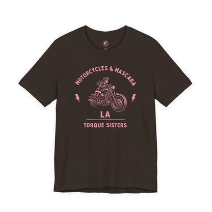 MOTORCYCLES & MASCARA LA Women’s Motorcycle T-Shirt | Dark Brown & Pink