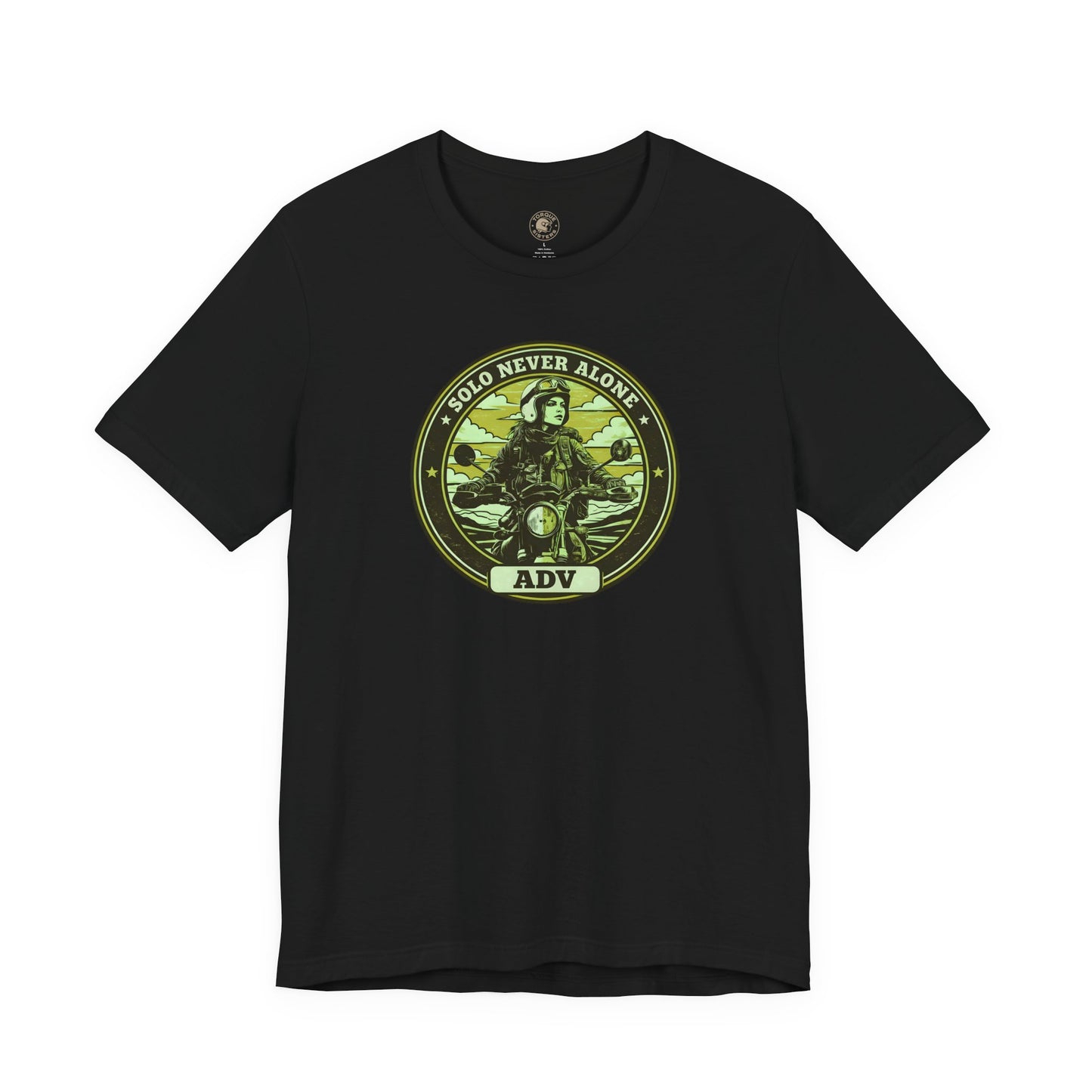 Black t-shirt with a circular graphic design on a green background, ADV badge design