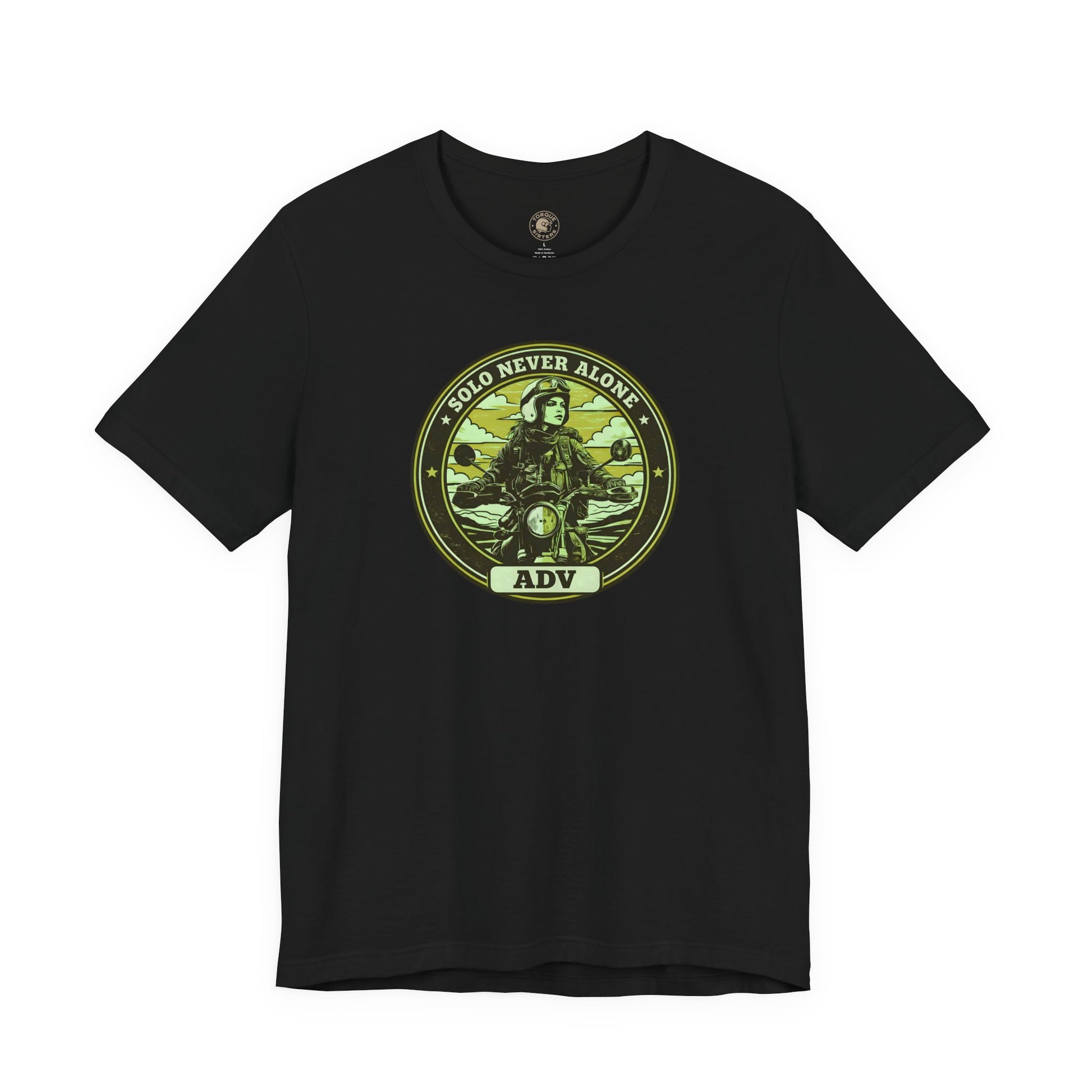 Black t-shirt with a circular graphic design on a green background, ADV badge design