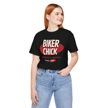 BIKER CHICK Motorcycles & Mascara Women’s Motorcycle T-Shirt | Black