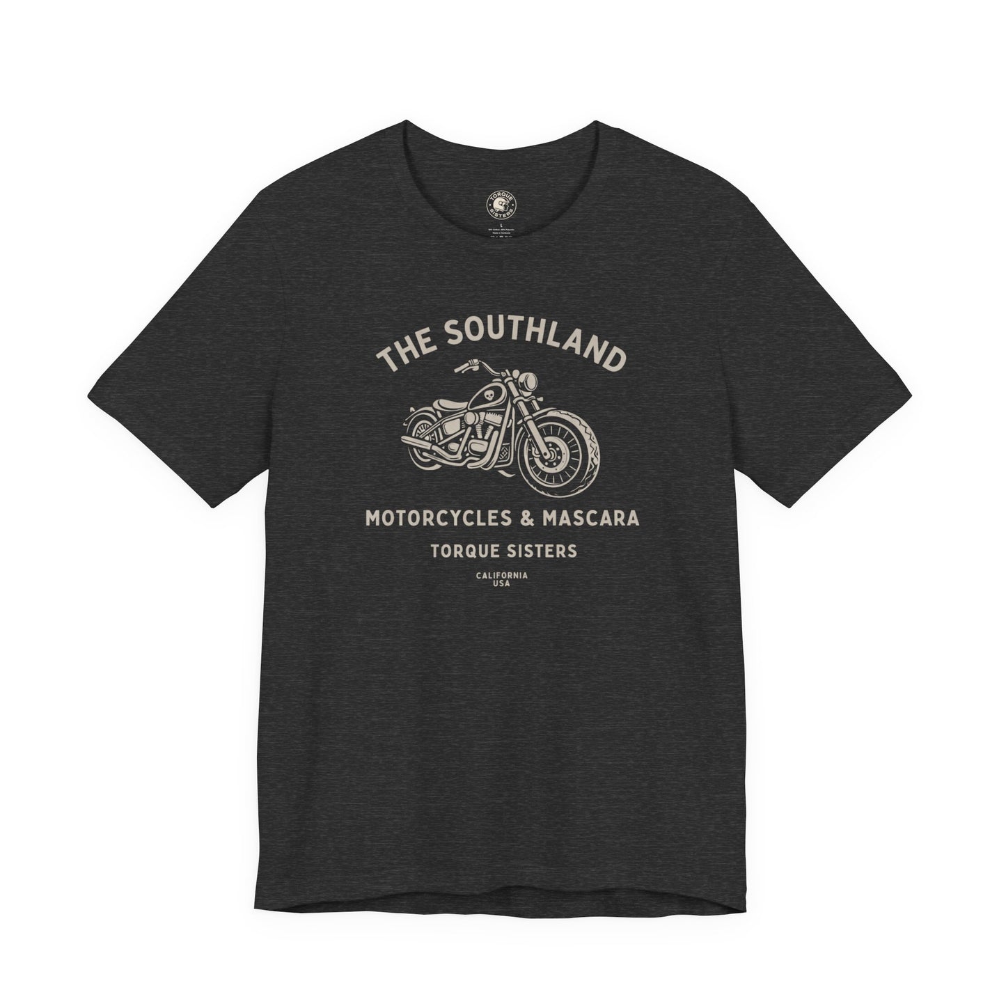 Black t-shirt with white graphic and text on a white background