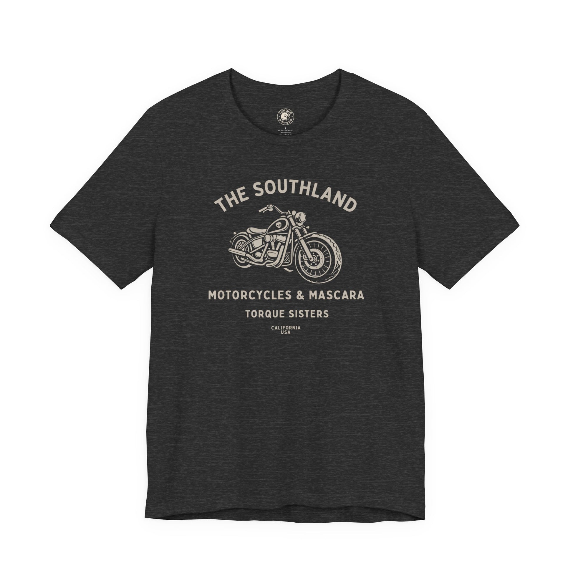 Black t-shirt with white graphic and text on a white background