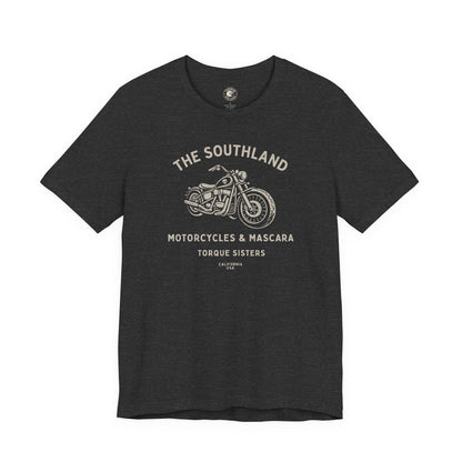 Black t-shirt with white graphic and text on a white background