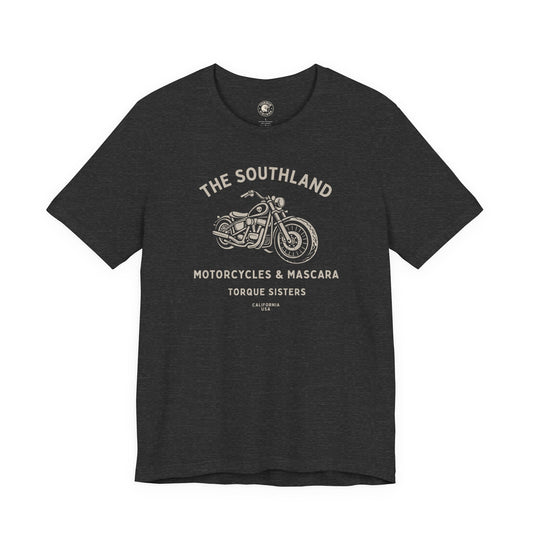 Black t-shirt with white graphic and text on a white background