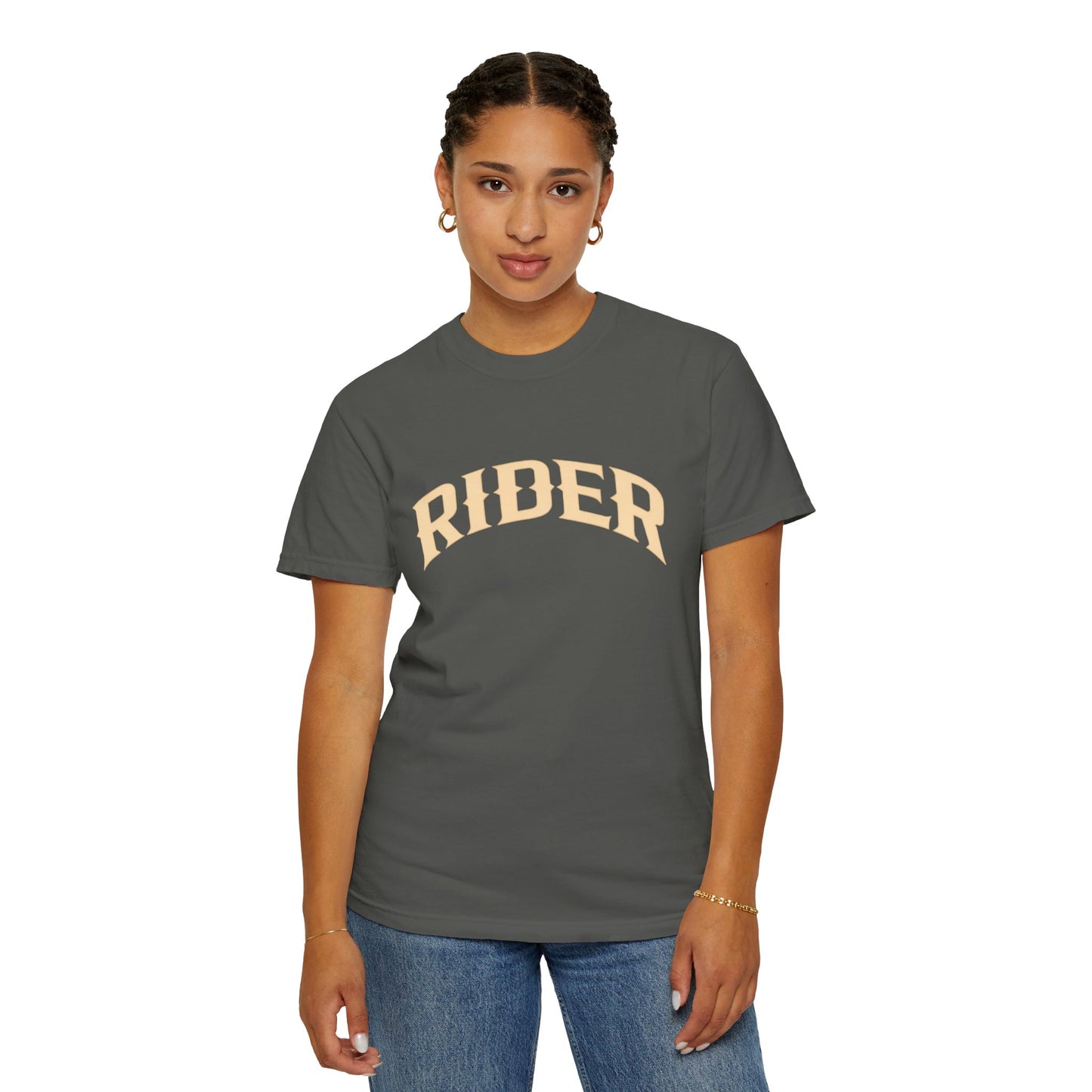 RIDER Arch Graphic Women’s Motorcycle T-Shirt   | Charcoal & Cream