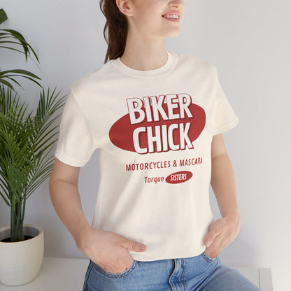BIKER CHICK Women’s Motorcycle T-Shirt | Natural & Red