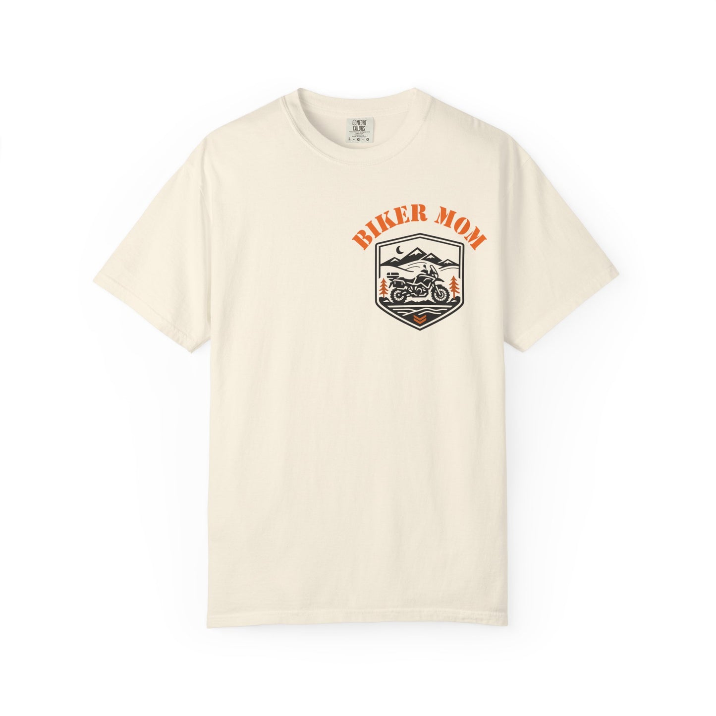 Beige t-shirt with 'Biker Mom' graphic design on a white background