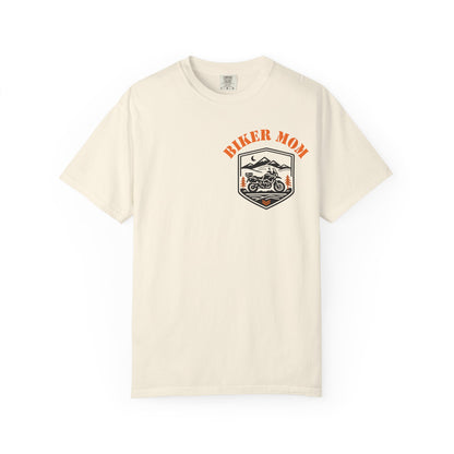 Beige t-shirt with 'Biker Mom' graphic design on a white background