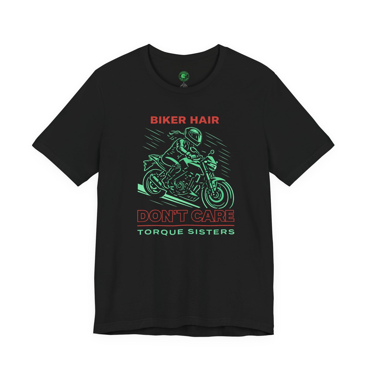 Black t-shirt with motorcycle graphic and text on a white background