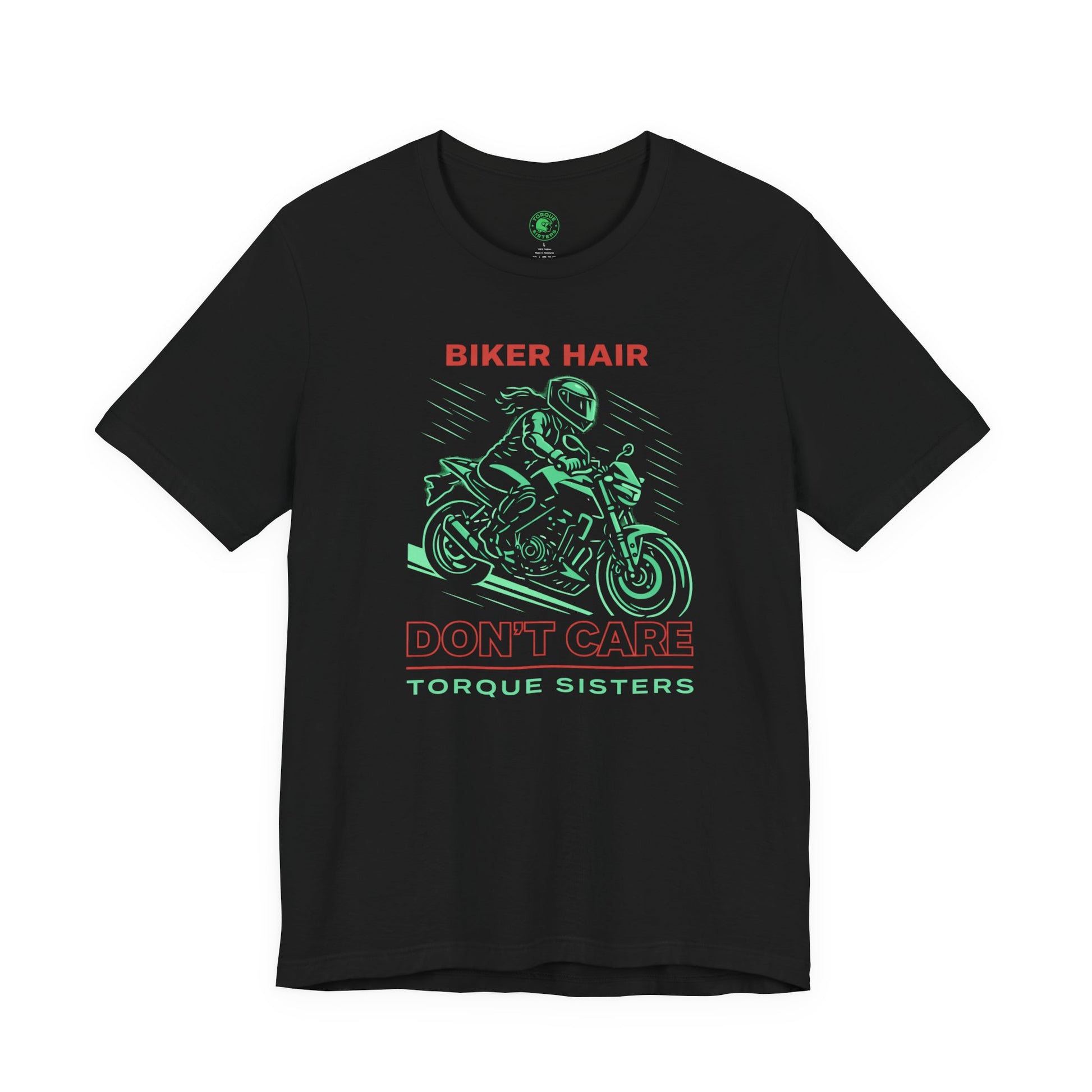 Black t-shirt with motorcycle graphic and text on a white background