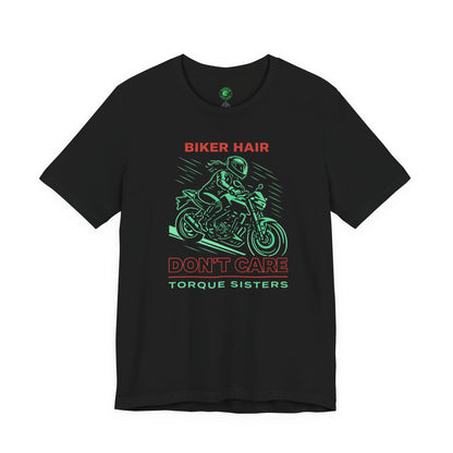 Black t-shirt with motorcycle graphic and text on a white background