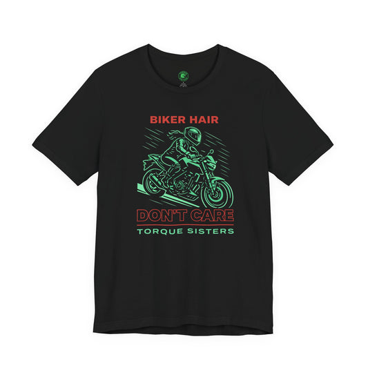 Black t-shirt with motorcycle graphic and text on a white background