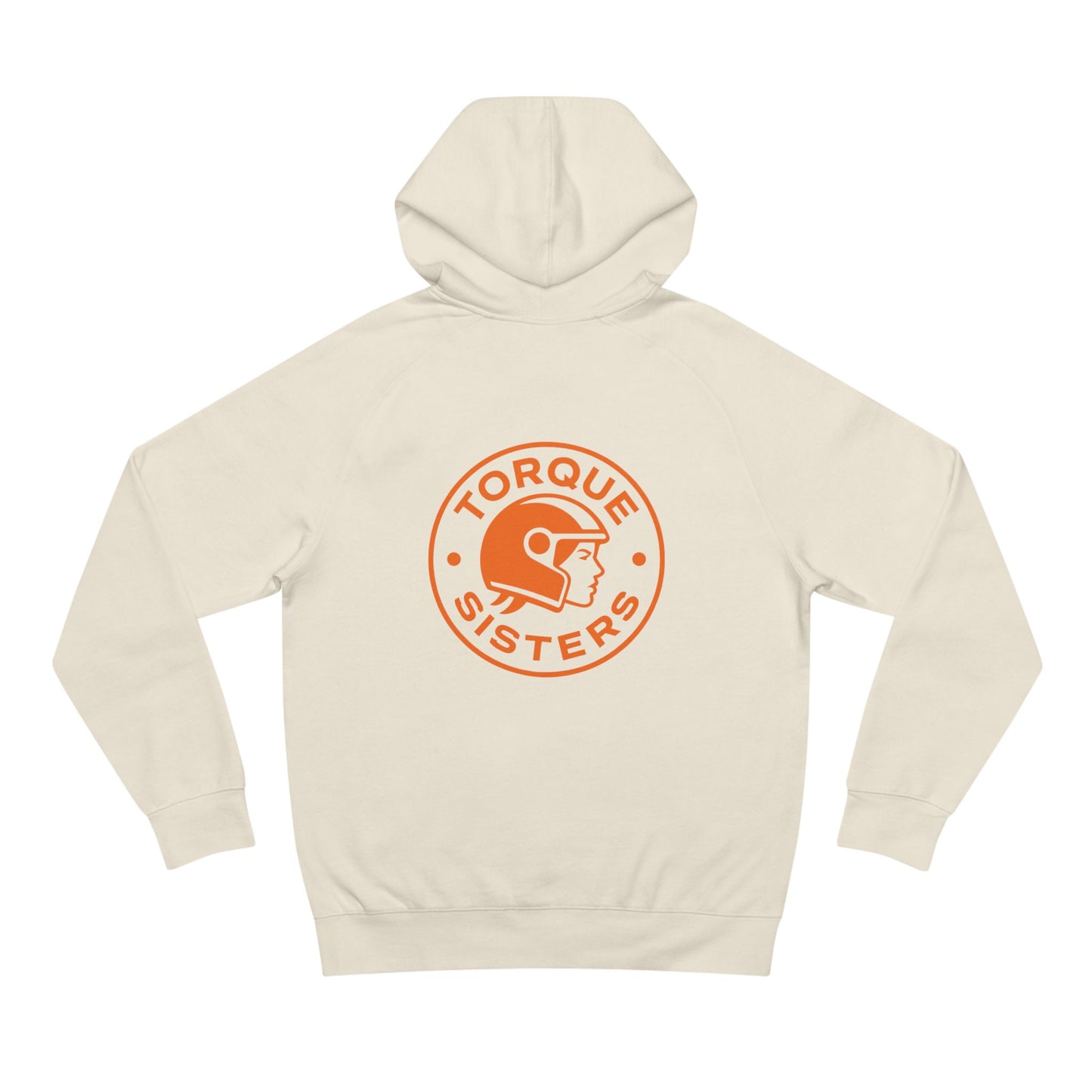 Beige hoodie with 'Torque Sisters' logo on a white background