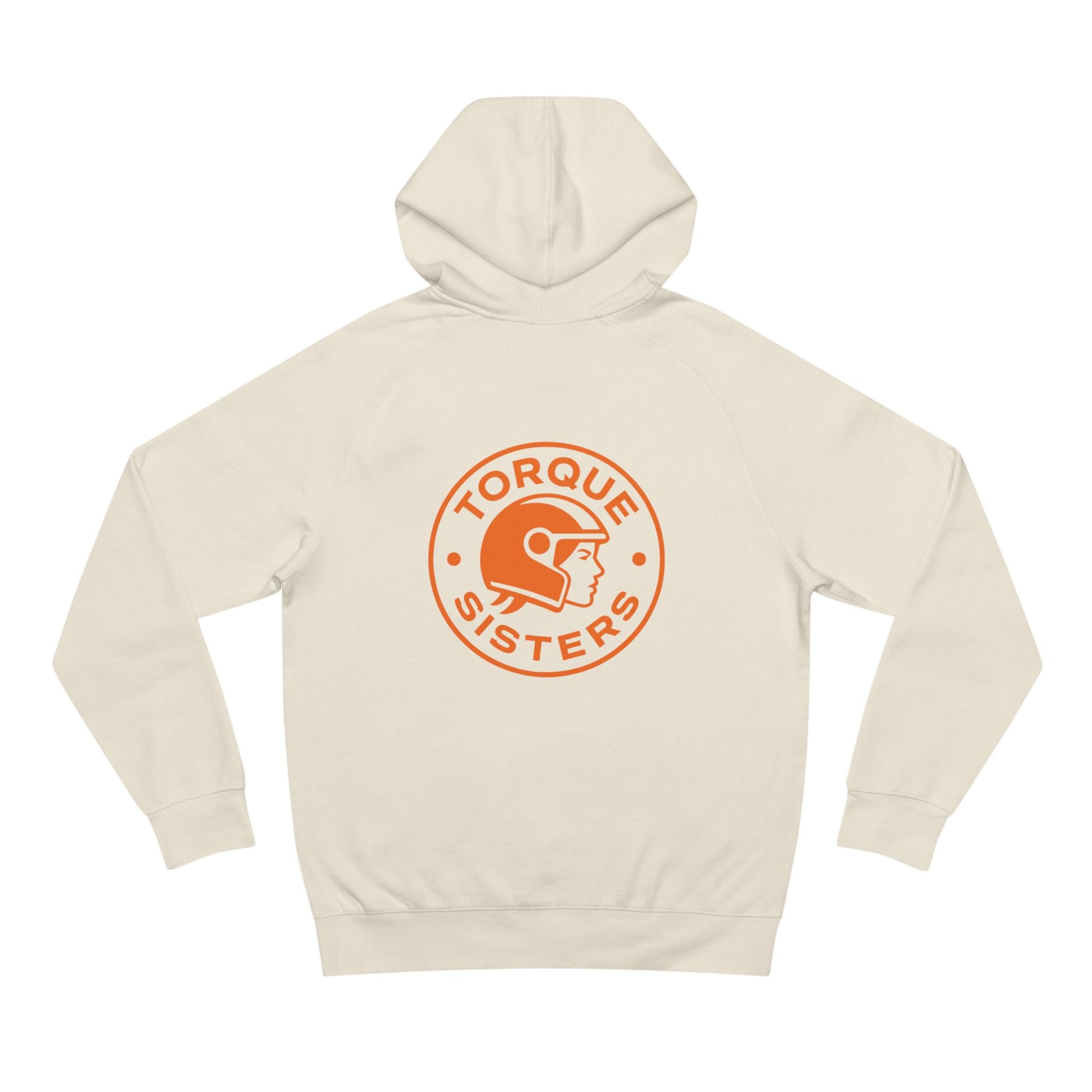 Beige hoodie with 'Torque Sisters' logo on a white background