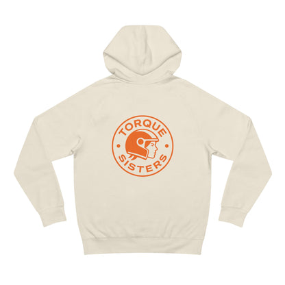Beige hoodie with 'Torque Sisters' logo on a white background