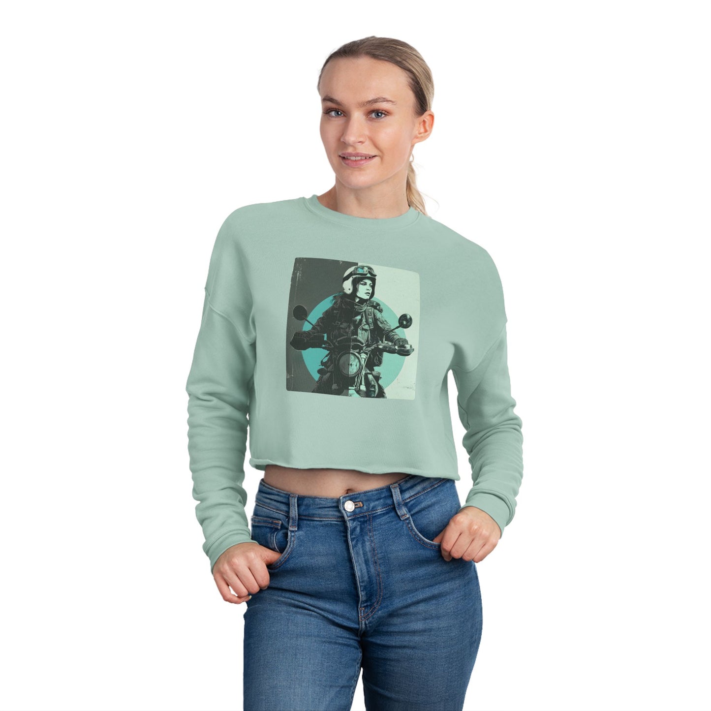 Women’s Motorcycle Cropped Sweatshirt in Sage Green| Vintage Rider Graphic