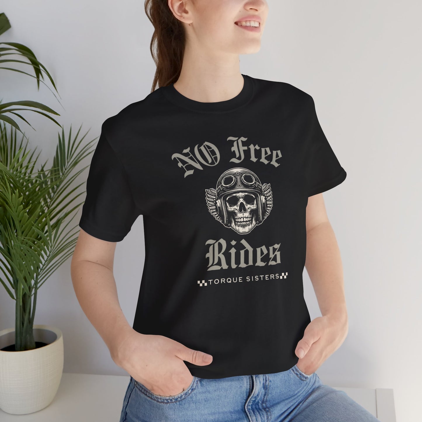 NO FREE RIDES Biker Skull Women’s Motorcycle T-Shirt | Black & Stone Gray