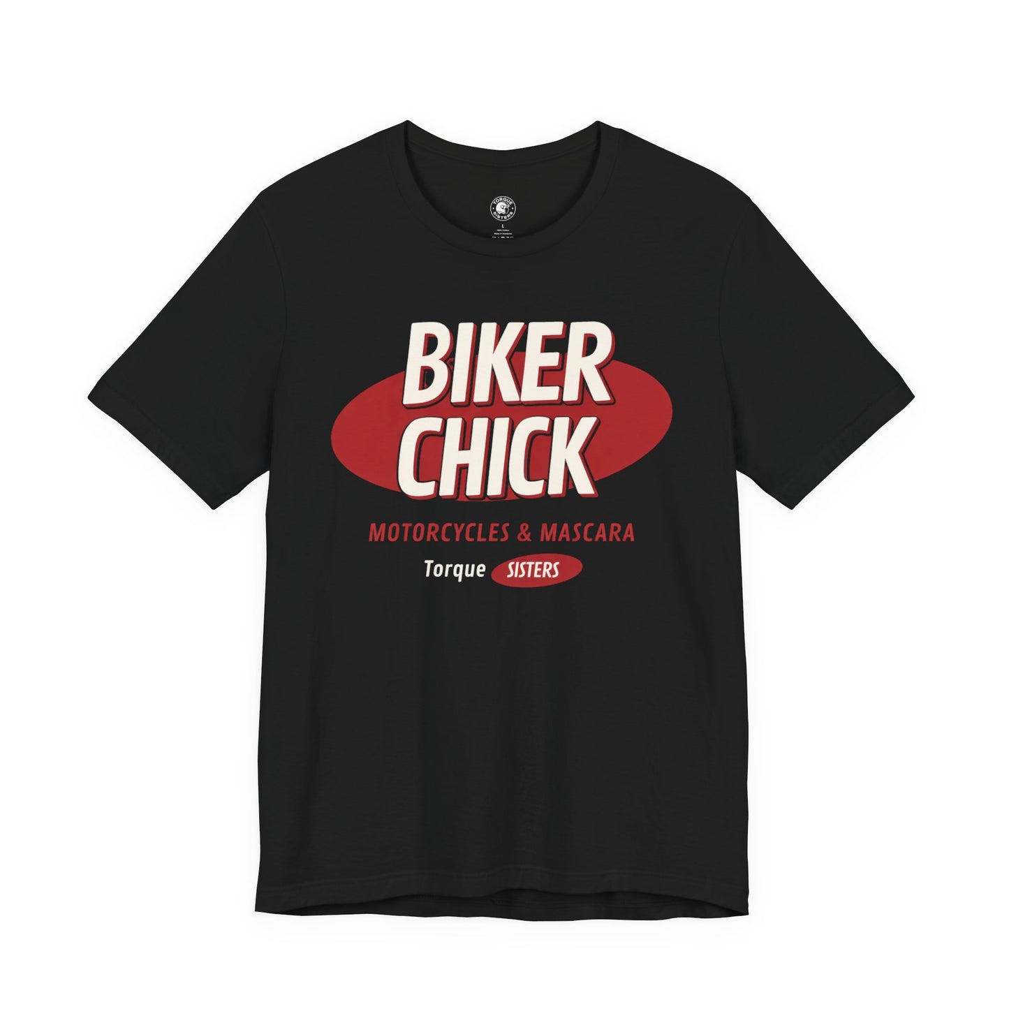Black t-shirt with 'Biker Chick' graphic design on a white background