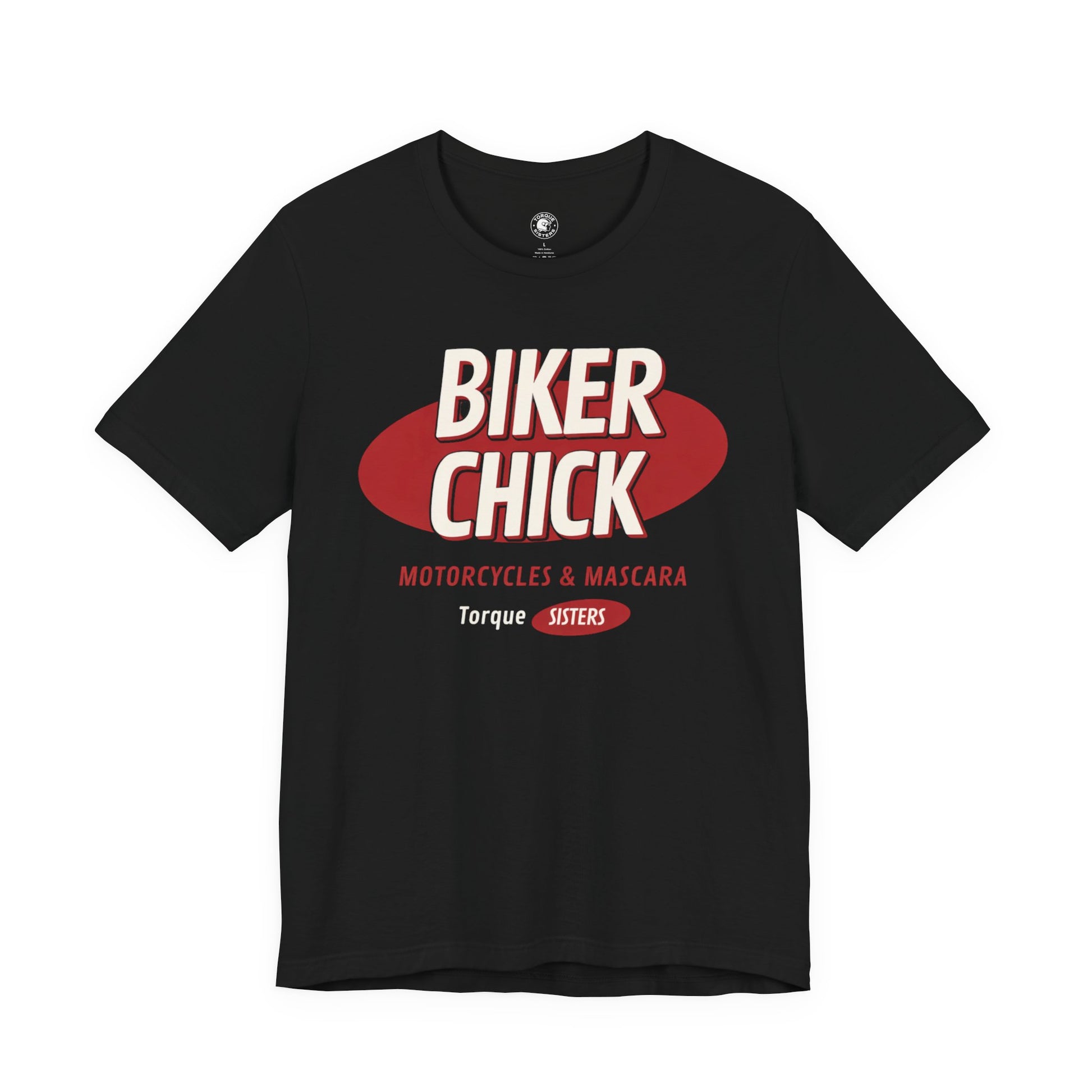 Black t-shirt with 'Biker Chick' graphic design on a white background