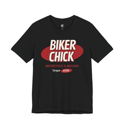 Black t-shirt with 'Biker Chick' graphic design on a white background