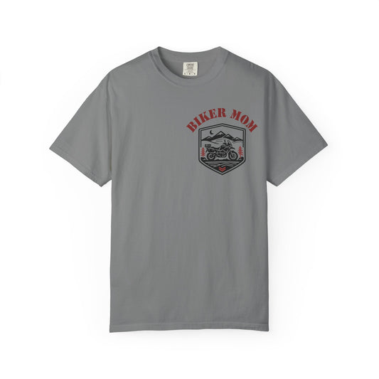 Gray t-shirt with 'Biker Mom' graphic design on a white background