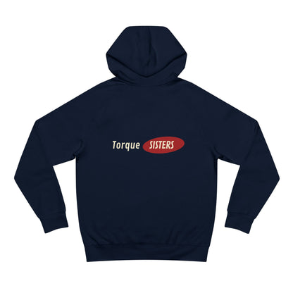 Navy blue hoodie with 'Torque Sisters' logo on the back against a white background