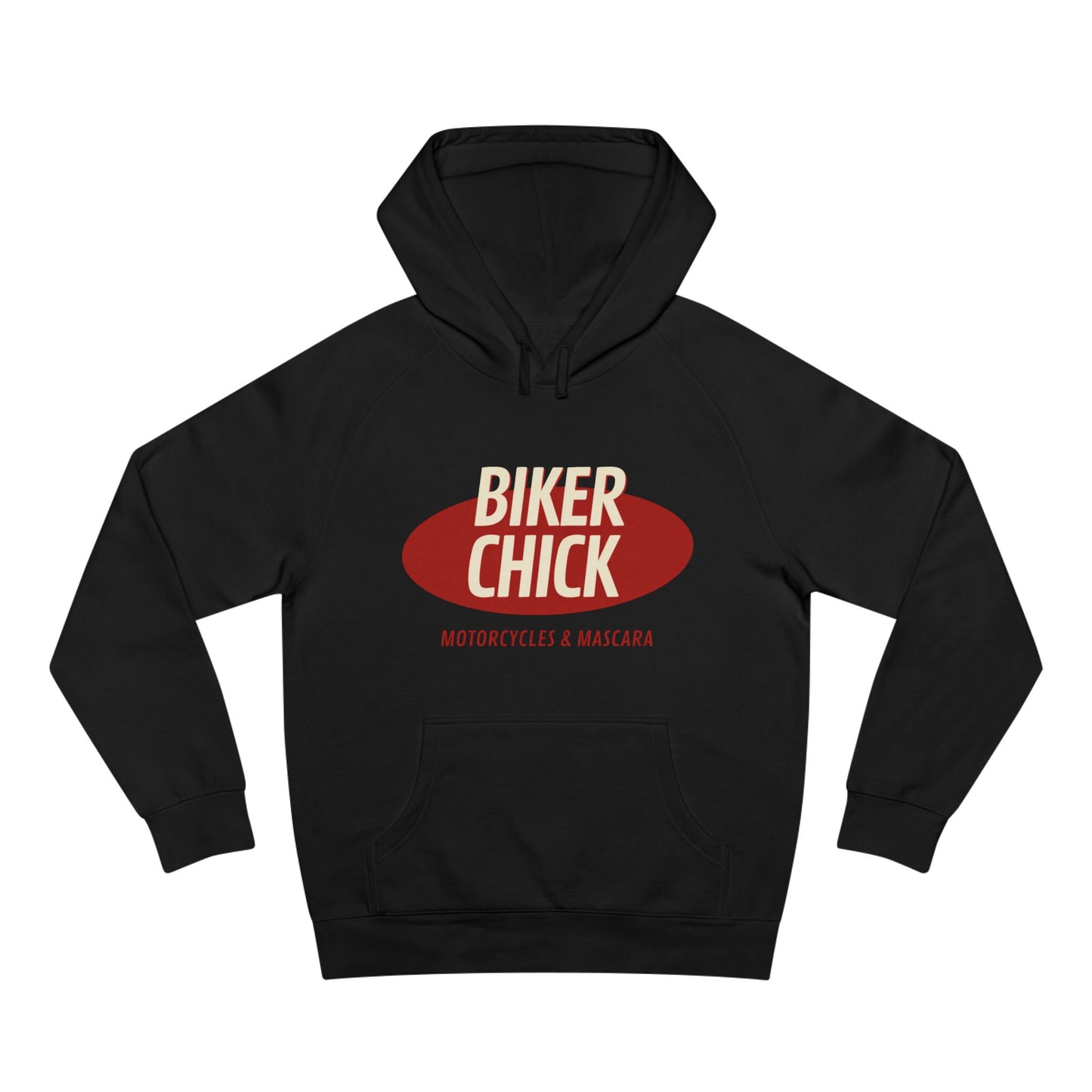 Black hoodie with 'Biker Chick' text on a white background