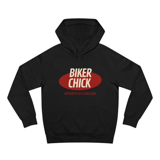Black hoodie with 'Biker Chick' text on a white background
