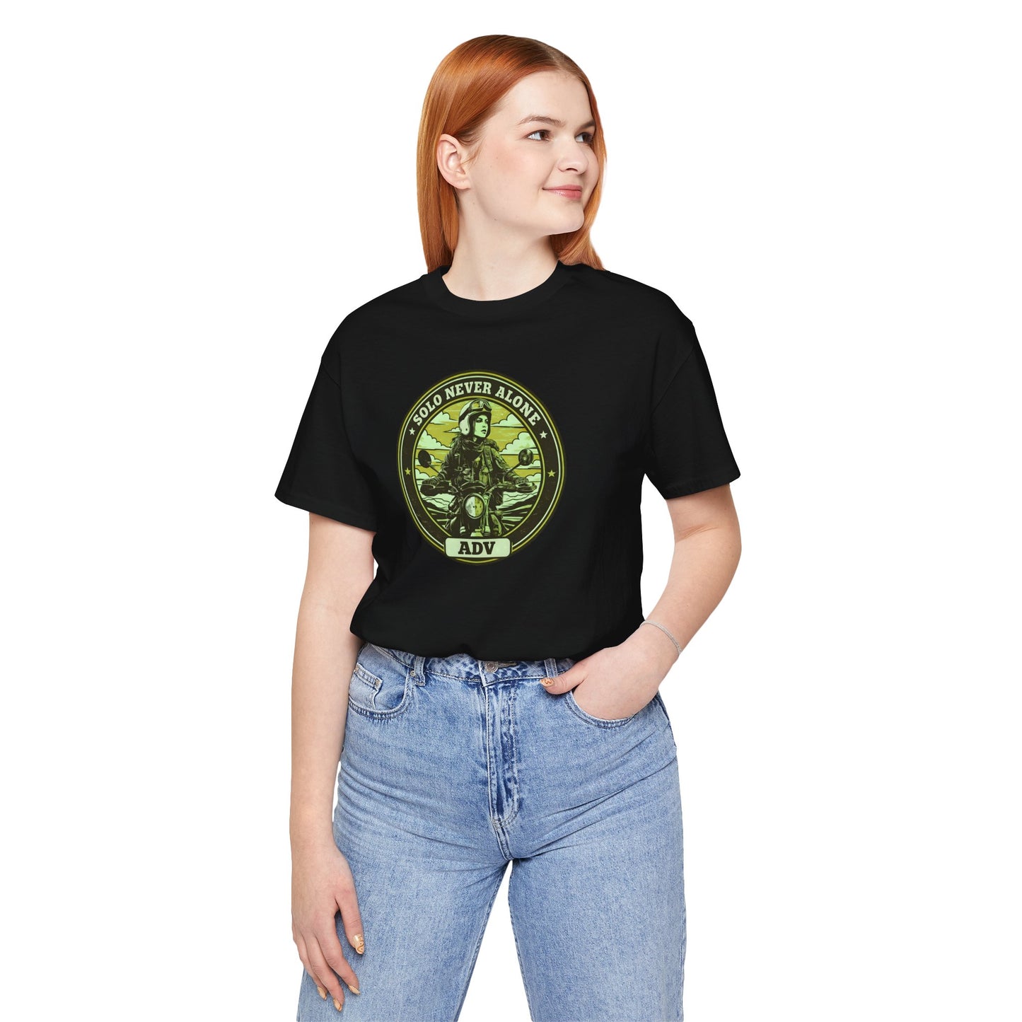 SOLO NEVER ALONE ADV Women’s Motorcycle Rider Tee | Black & Green
