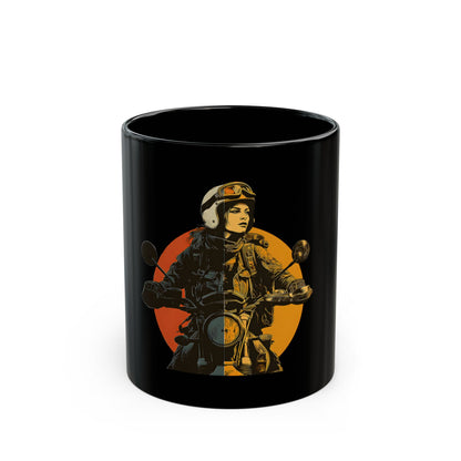 Vintage Female Biker Motorcycle Mug | Black & Orange